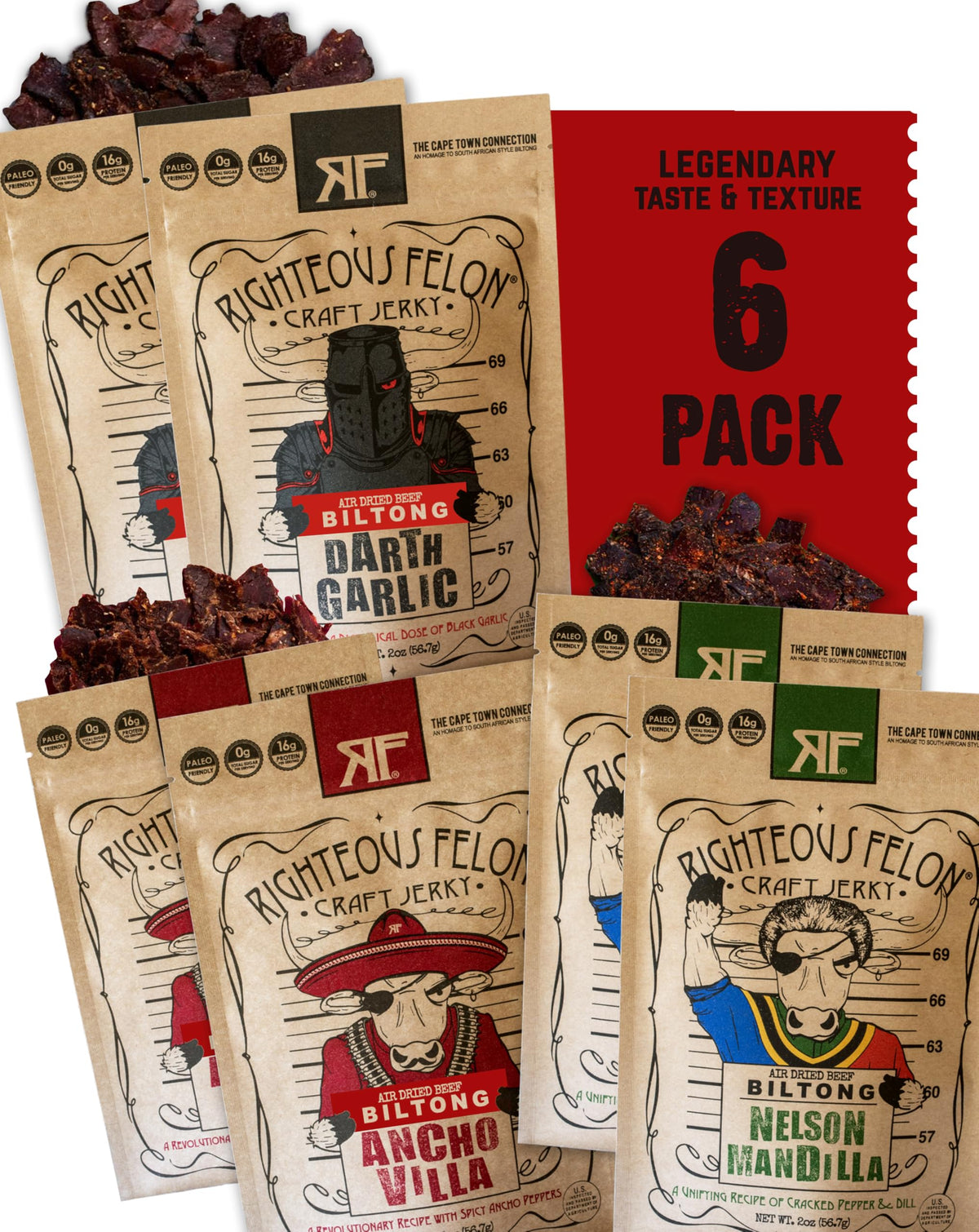 Righteous Felon biltong Darth Garlic pack front view, protein-rich snack for active days.