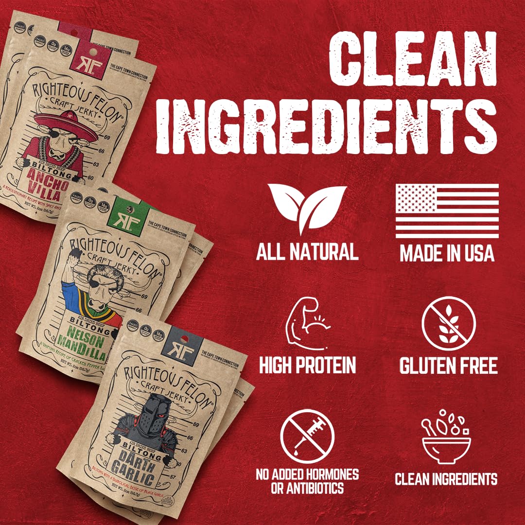 Righteous Felon biltong on-the-go pack, gluten-free snack for travel and study.