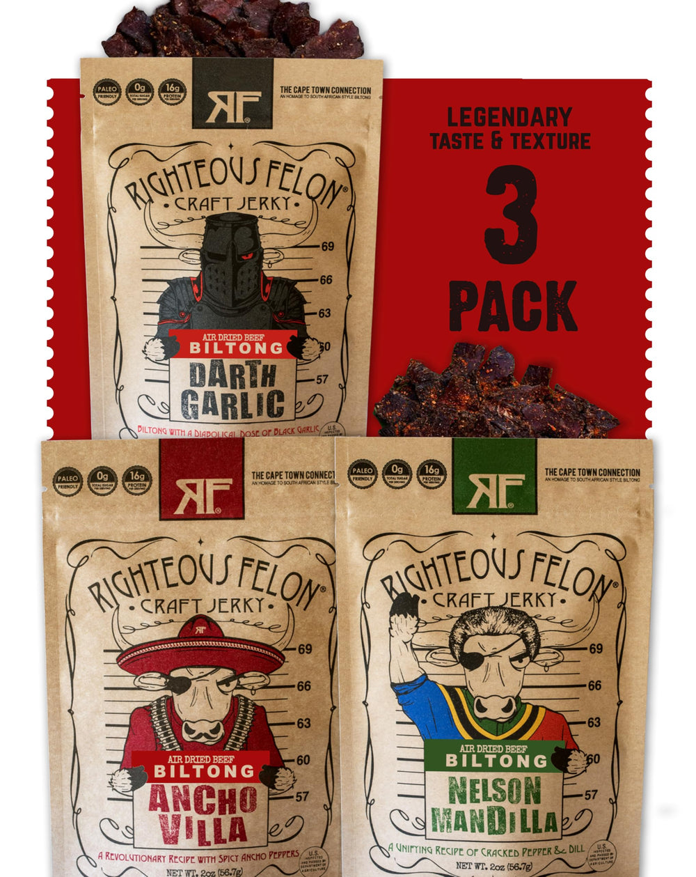 Righteous Felon Biltong variety pack on display for high-protein snacking