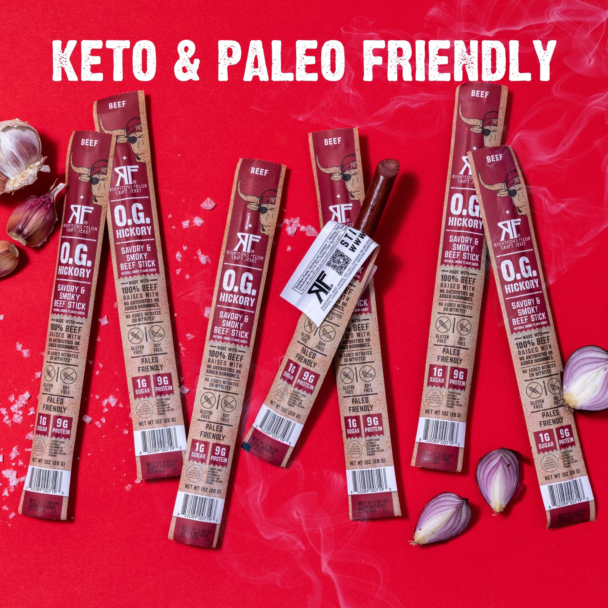 Righteous Felon gluten-free beef sticks suitable for gluten-free diets.