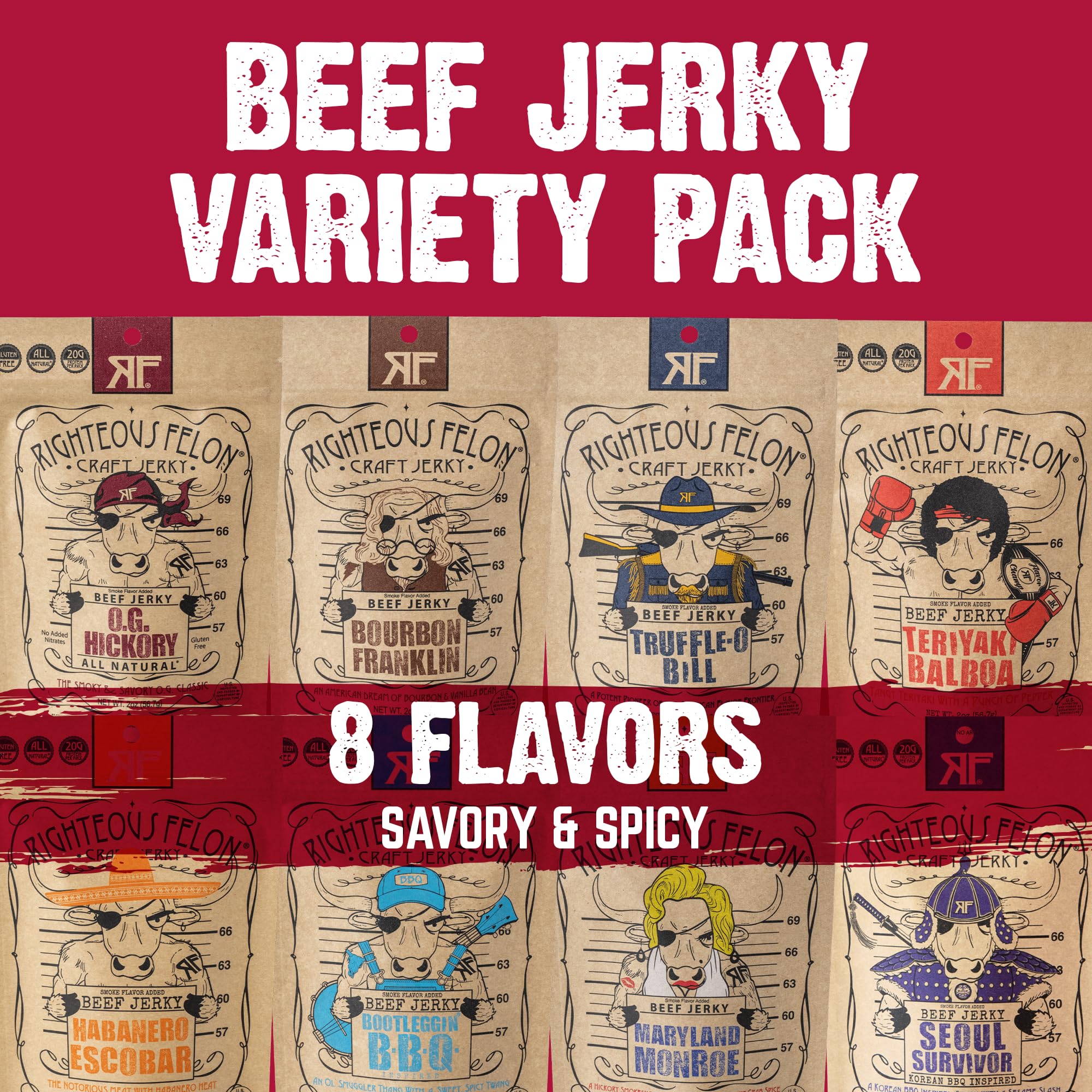 Righteous Felon gluten-free jerky close-up, protein snack for busy days.