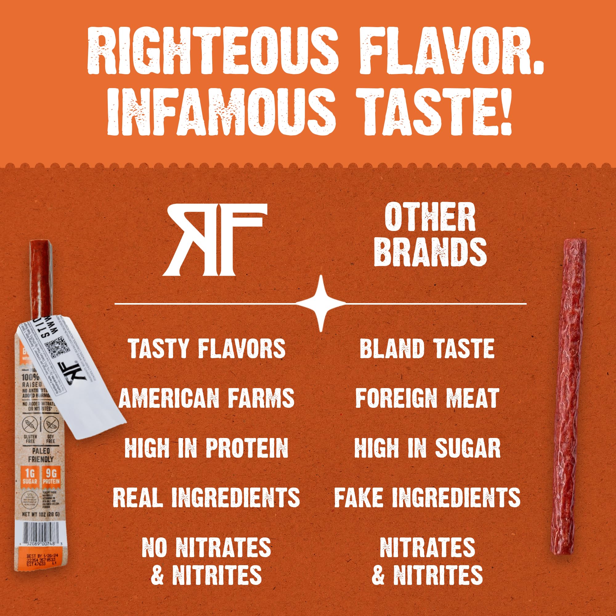 Righteous Felon grass-fed beef sticks packaging highlighting quality and clean ingredients.