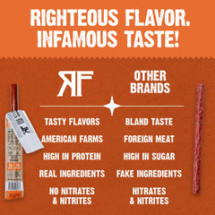 Righteous Felon grass-fed beef sticks packaging highlighting quality and clean ingredients.