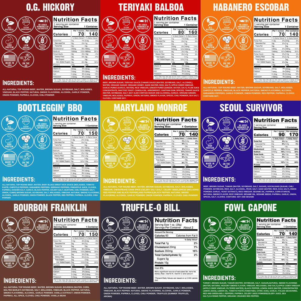 Righteous Felon jerky flavors assortment—perfect for tasting different textures and flavors.