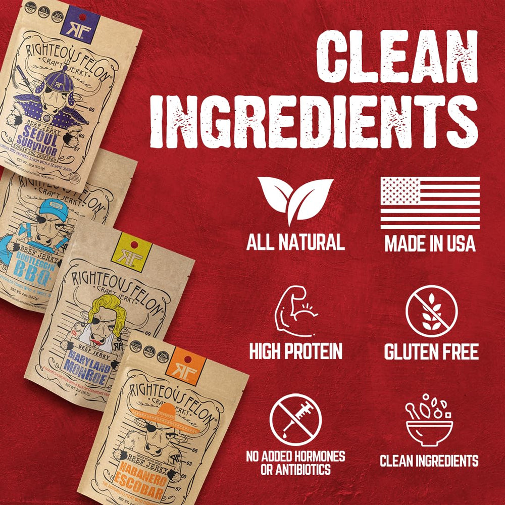 Righteous Felon Made in USA badge with premium pasture-raised beef jerky