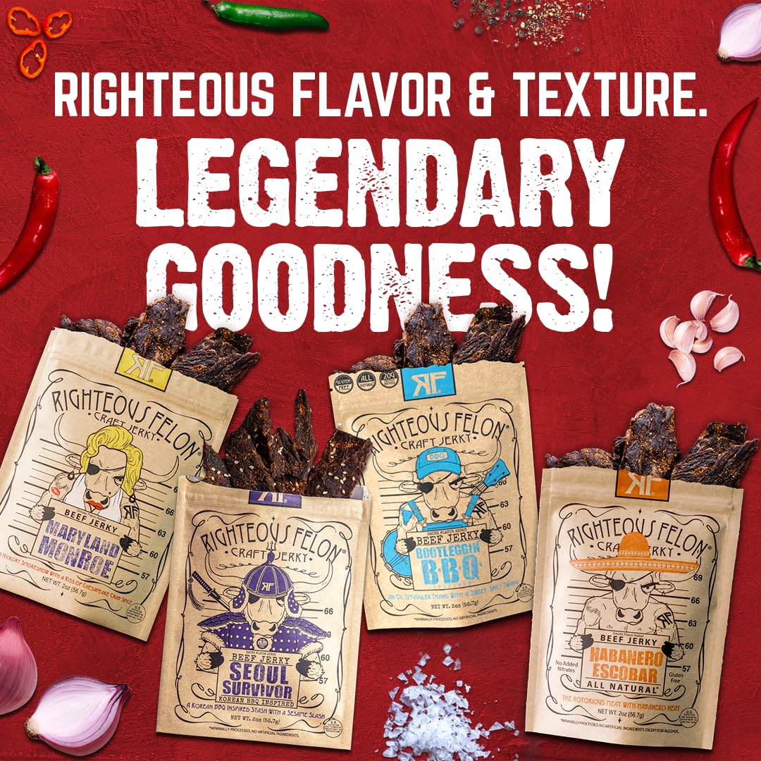 Righteous Felon Maryland Monroe beef jerky product shot, tangy finish and quality