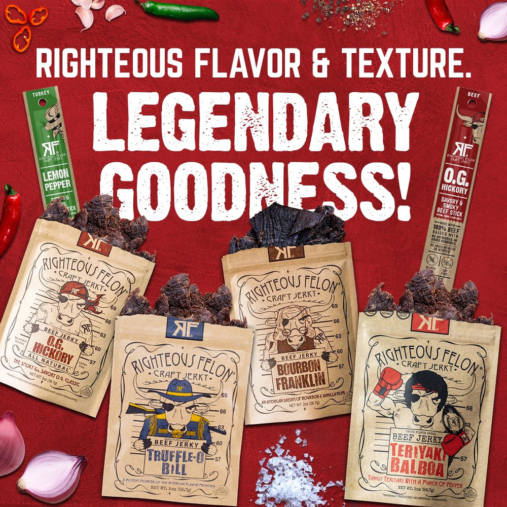 Righteous Felon meat sticks variety showcases gluten-free options.