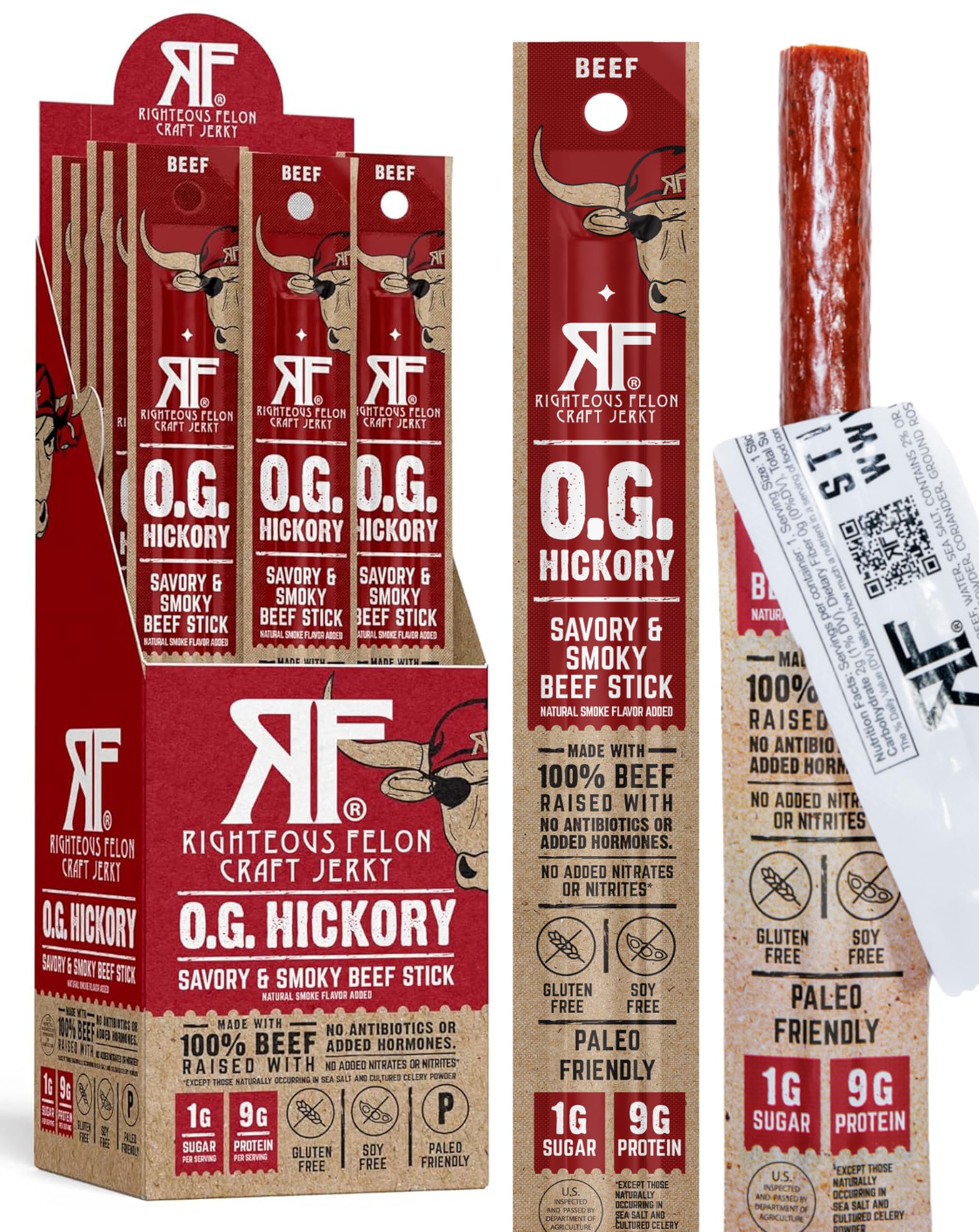 Righteous Felon OG Hickory beef stick packshot, bold smoky flavor for tastier snacking