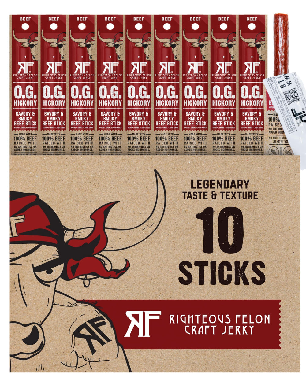 Righteous Felon OG Hickory beef sticks 10-count provide bold flavor and portable protein.