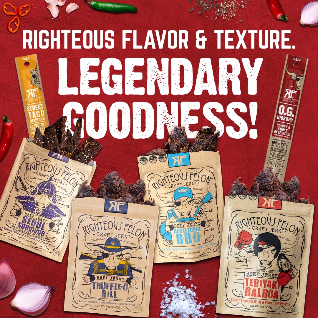 Righteous Felon pork jerky selection—savory bites for on-the-go snacking.