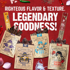 Righteous Felon pork jerky selection—savory bites for on-the-go snacking.