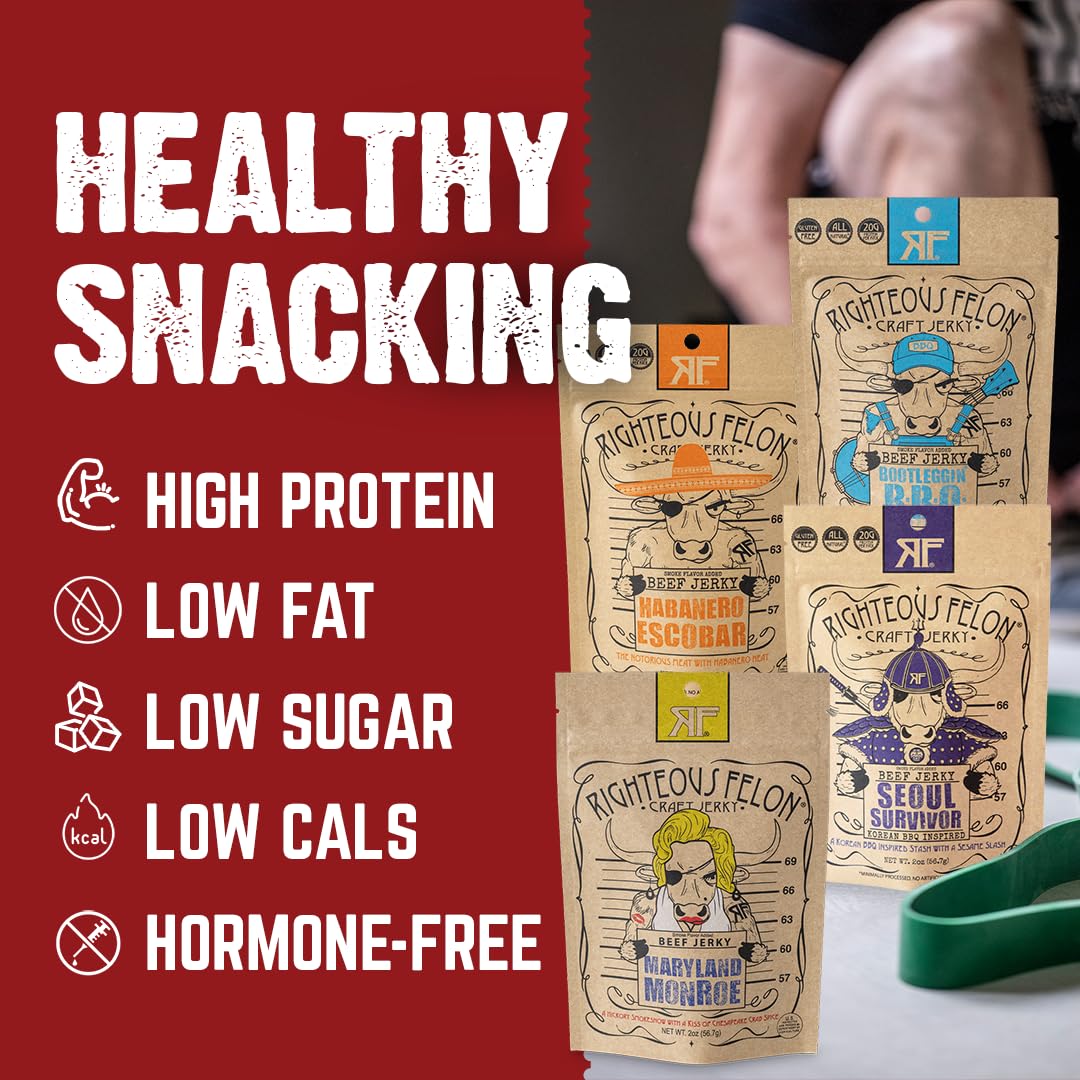 Righteous Felon Spicy Jerky Variety Pack on shelf, ideal for gifting and snacking