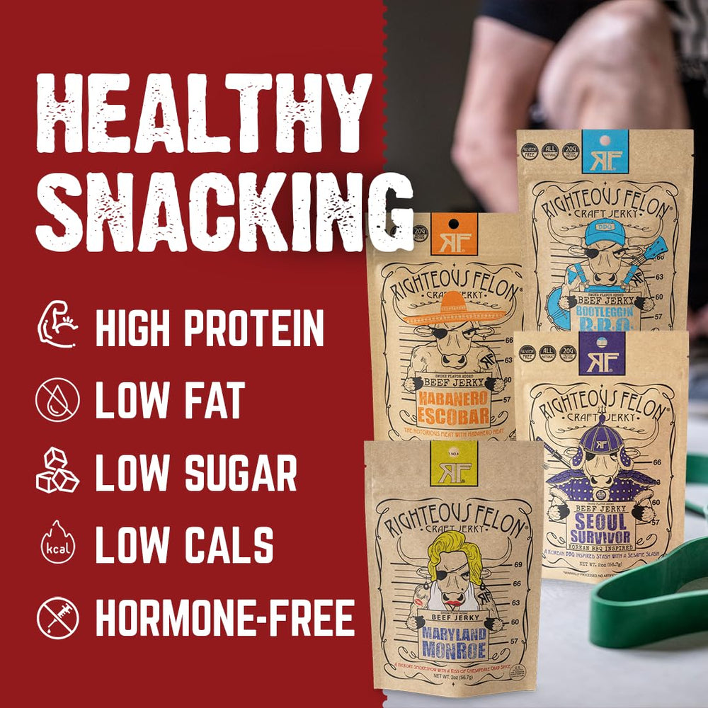 Righteous Felon Spicy Jerky Variety Pack on shelf, ideal for gifting and snacking