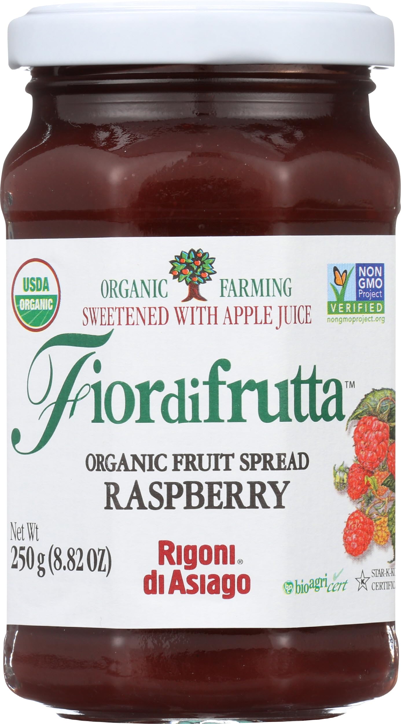 Rigoni di Asiago Fior di Frutta raspberry bottle pour highlights organic sweetness.