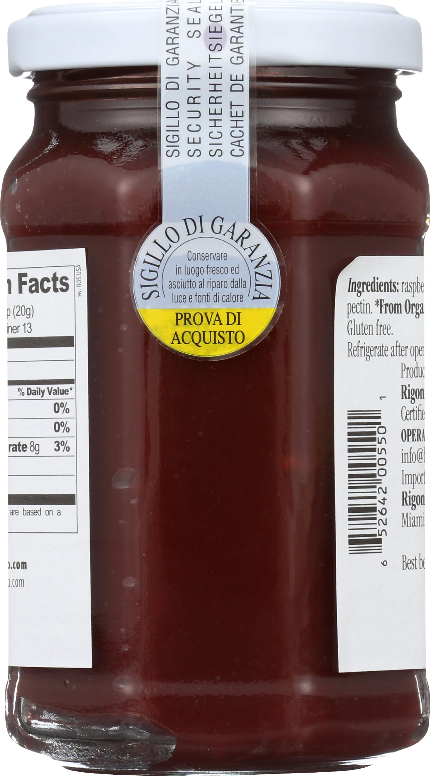 Rigoni di Asiago Fior di Frutta raspberry jar close-up emphasizes vibrant color.