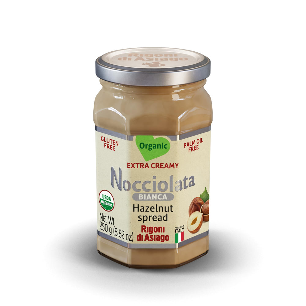 Rigoni di Asiago Nocciolata Bianca jar with hazelnuts, perfect on toast