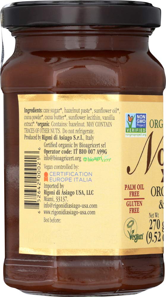 Ingredients panel of Nocciolata dairy-free spread highlighting organic ingredients.