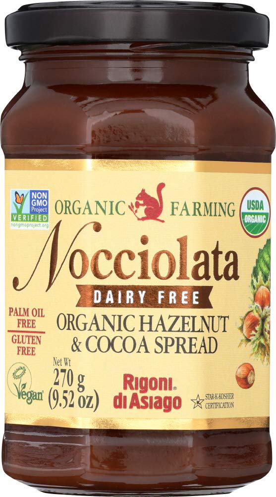 Rigoni di Asiago Nocciolata dairy-free jar with organic hazelnuts and cocoa for rich flavor.