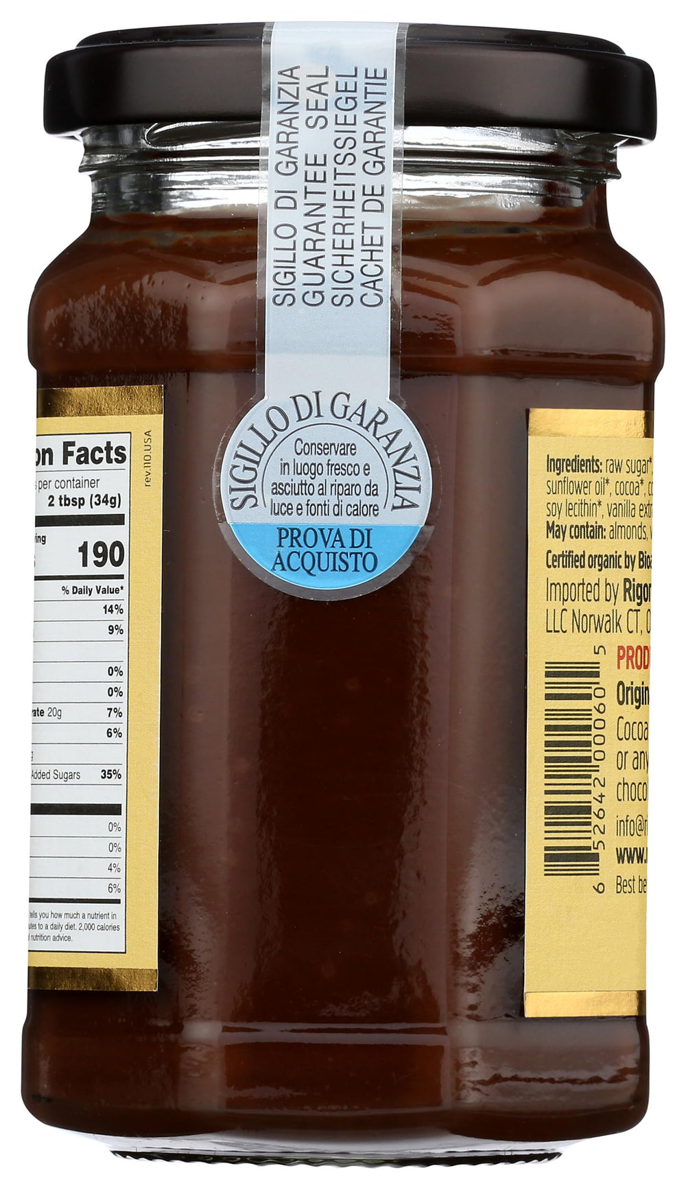 Close-up of glossy hazelnut spread texture; premium ingredients shown.