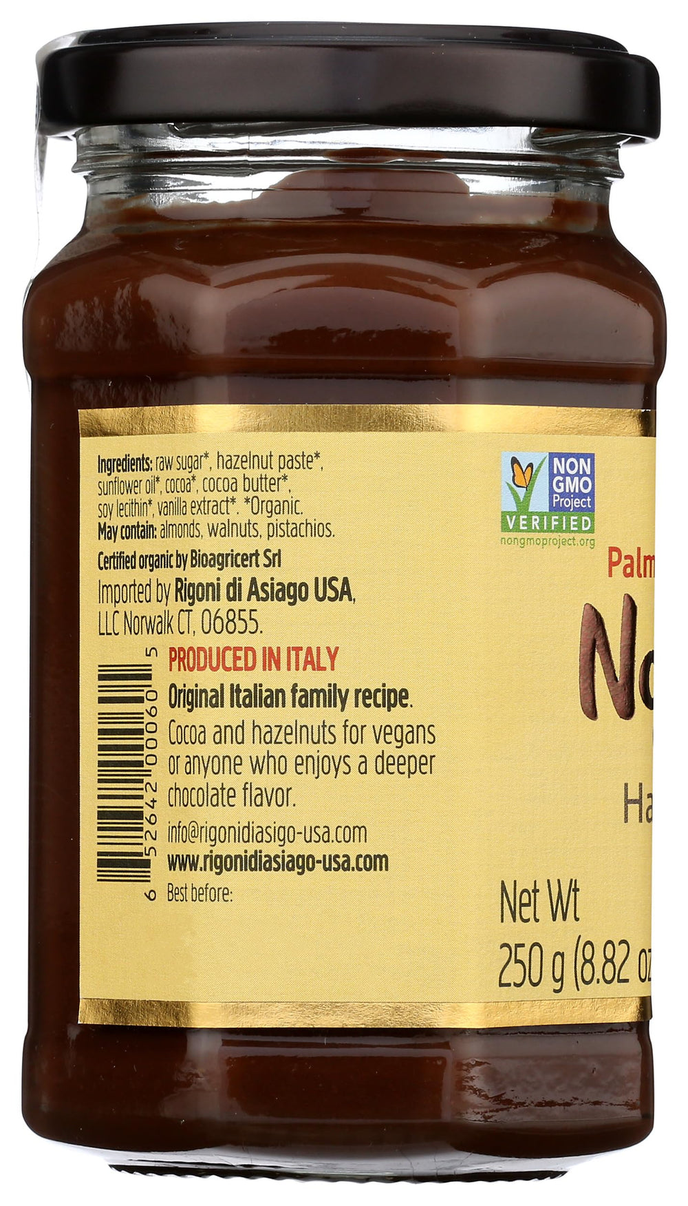 Rigoni Nocciolata hazelnut spread being poured; dairy-free dessert topping.