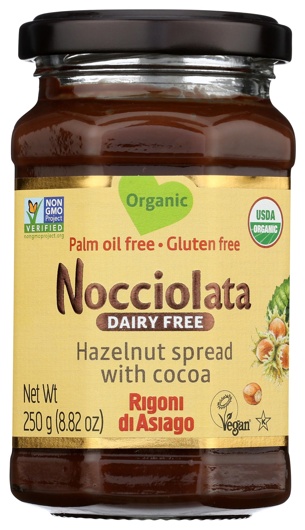 Rigoni Nocciolata hazelnut spread in a glass jar, creamy and organic; perfect on toast.