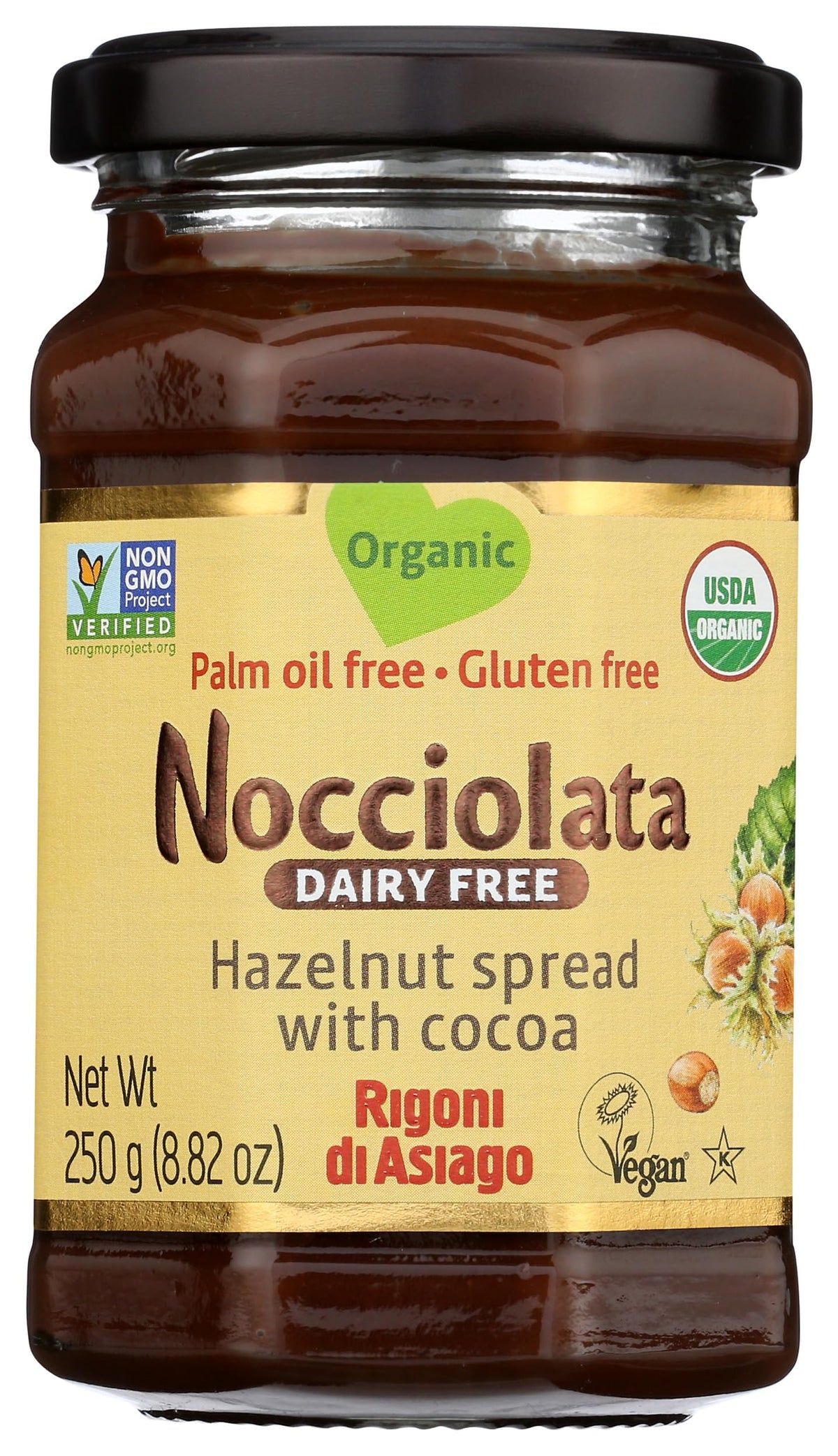 Rigoni Nocciolata hazelnut spread in a glass jar, creamy and organic; perfect on toast.