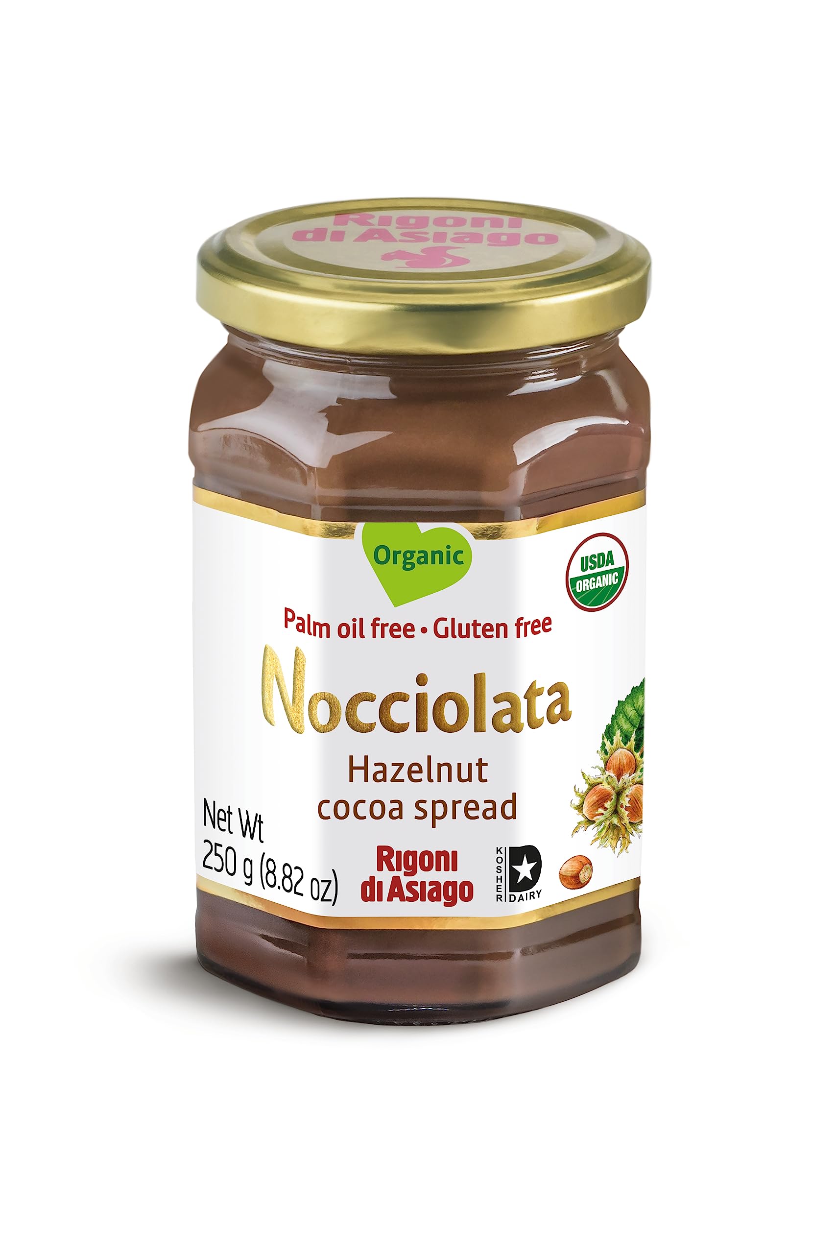Rigoni di Asiago Nocciolata organic hazelnut spread jar on toast, creamy and inviting.