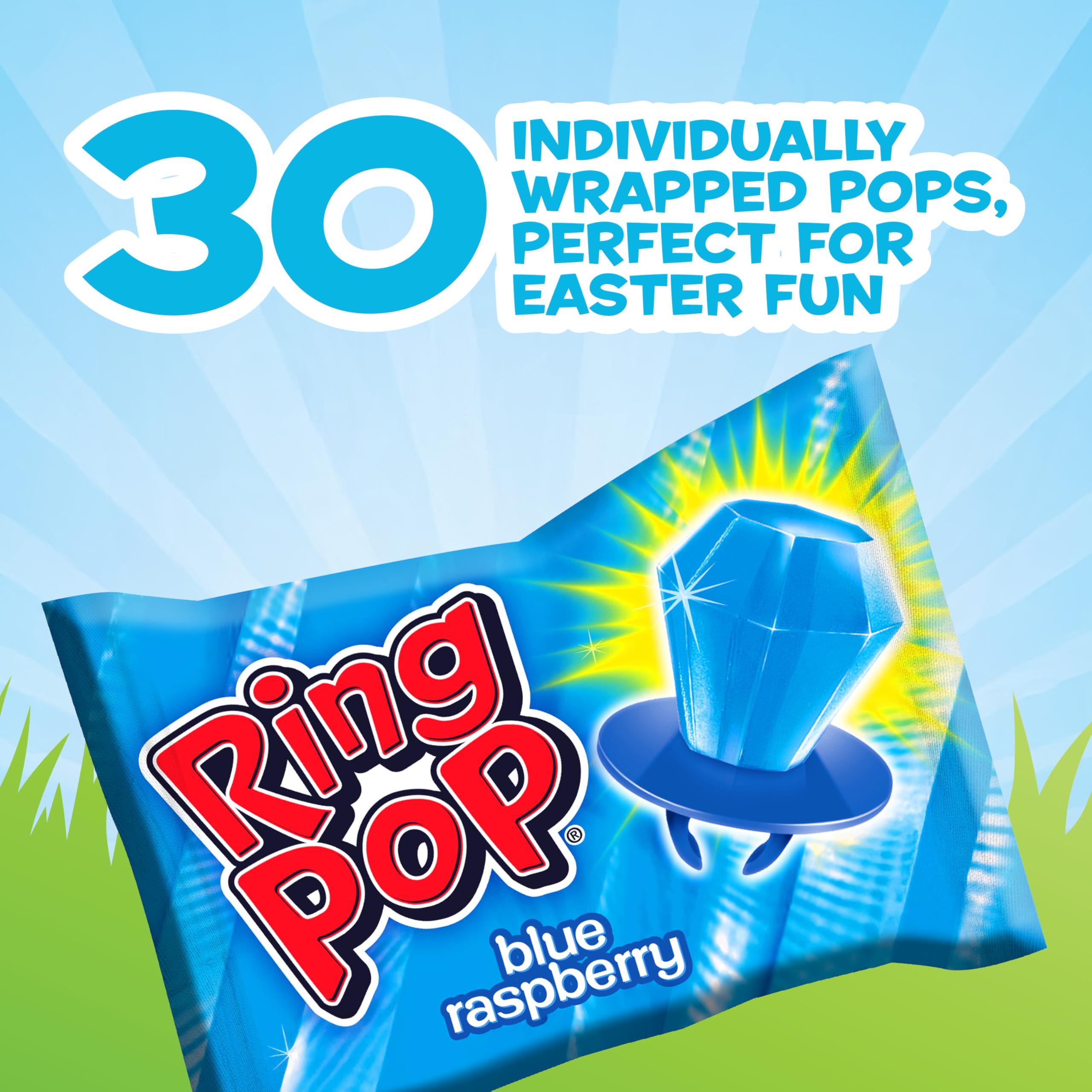 Ring Pop Blue Raspberry lollipop on a sparkling ring ideal for party favors.