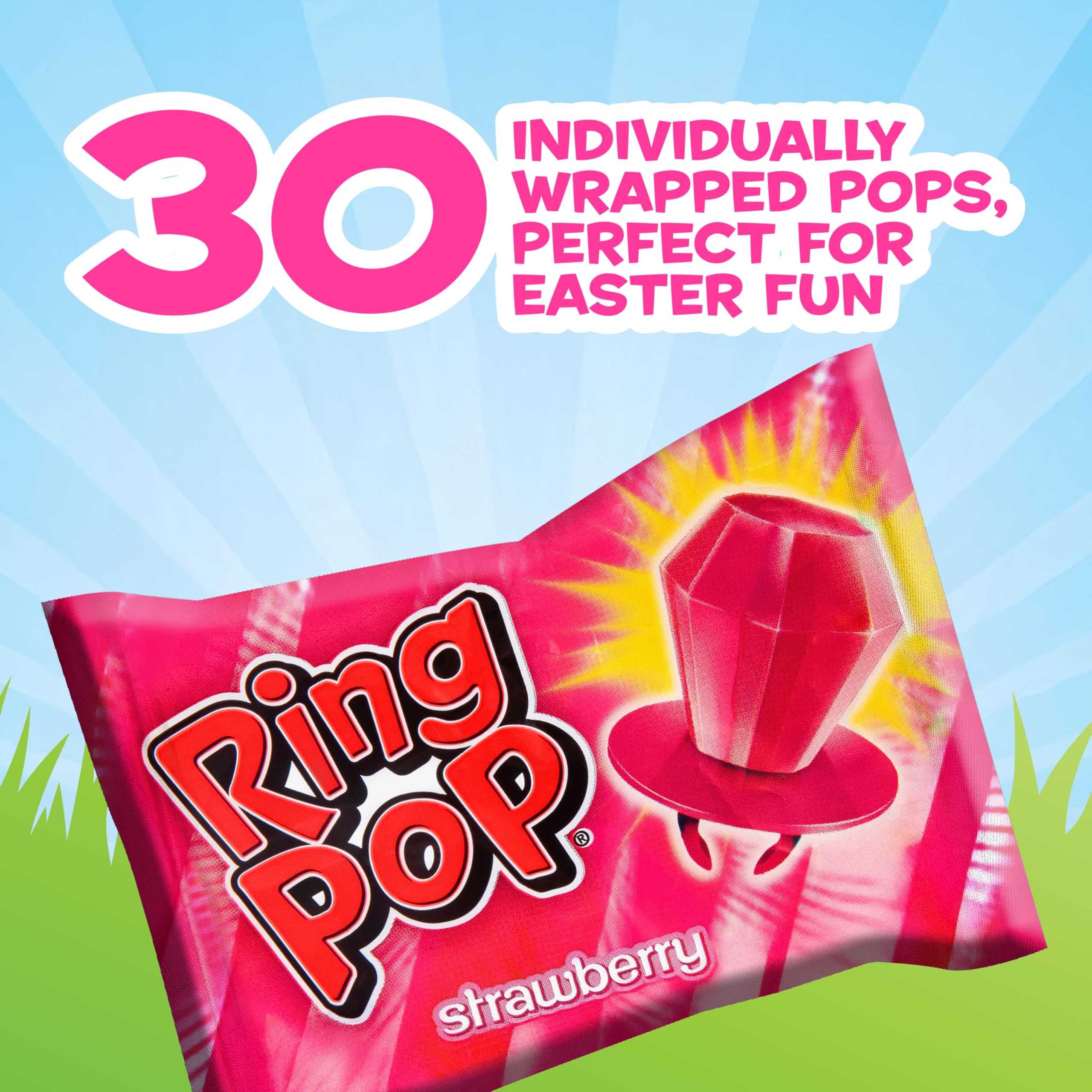 Bulk Ring Pop Colorfest Pink pack shows 30 individually wrapped lollipops for easy sharing