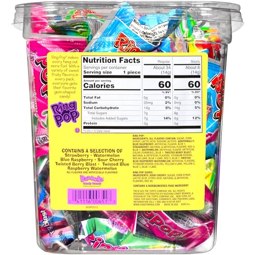Ring Pop raspberry lemonade flavor pops offer a bright, fruity treat for kids.