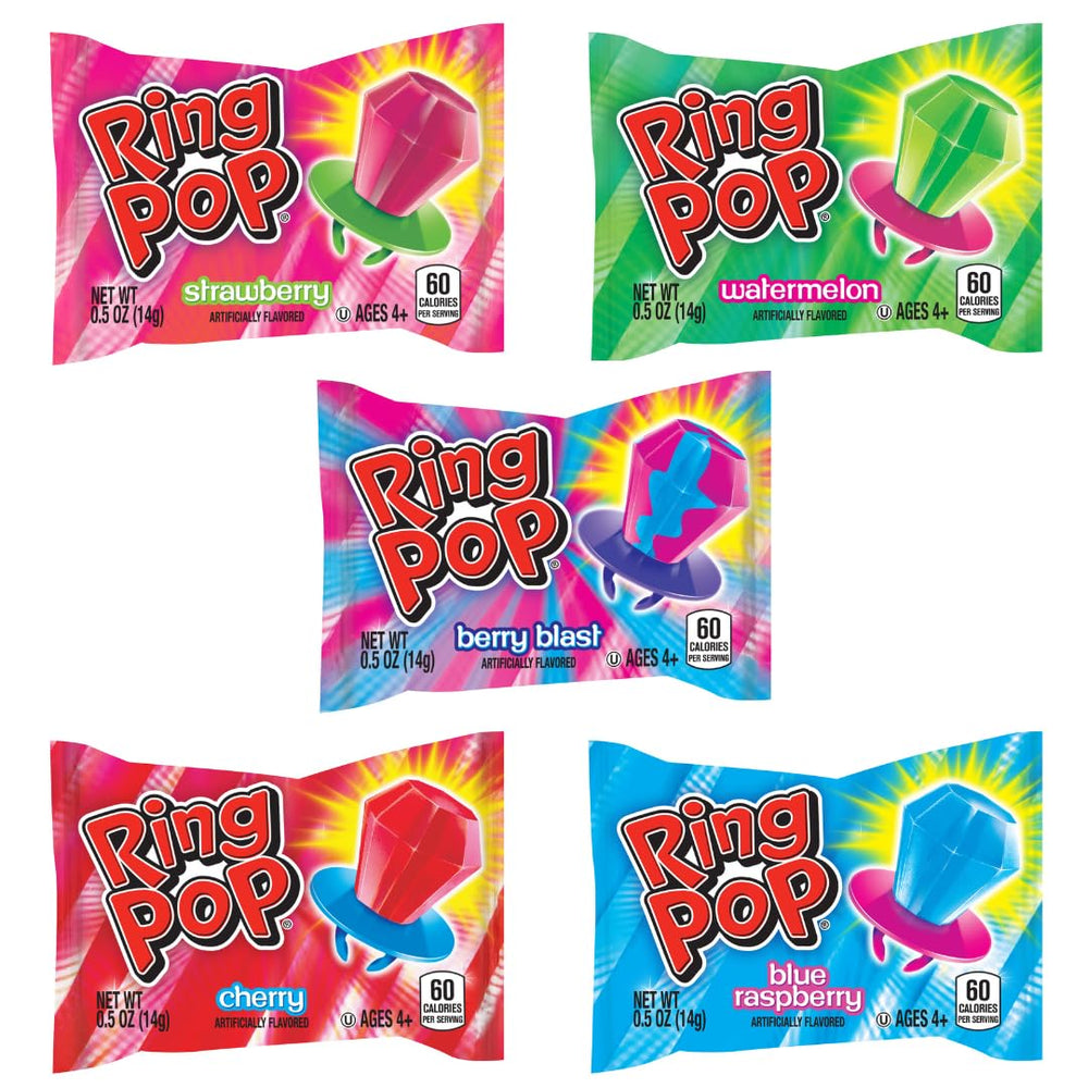 Ring Pop sour cherry flavor close-up for piñatas and gift baskets.