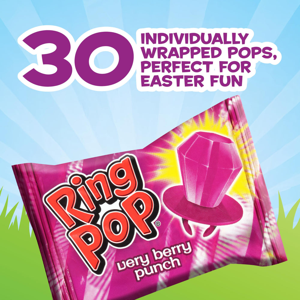 Ring Pop unwrapped purple Very Berry lollipop ready for sharing at parties.