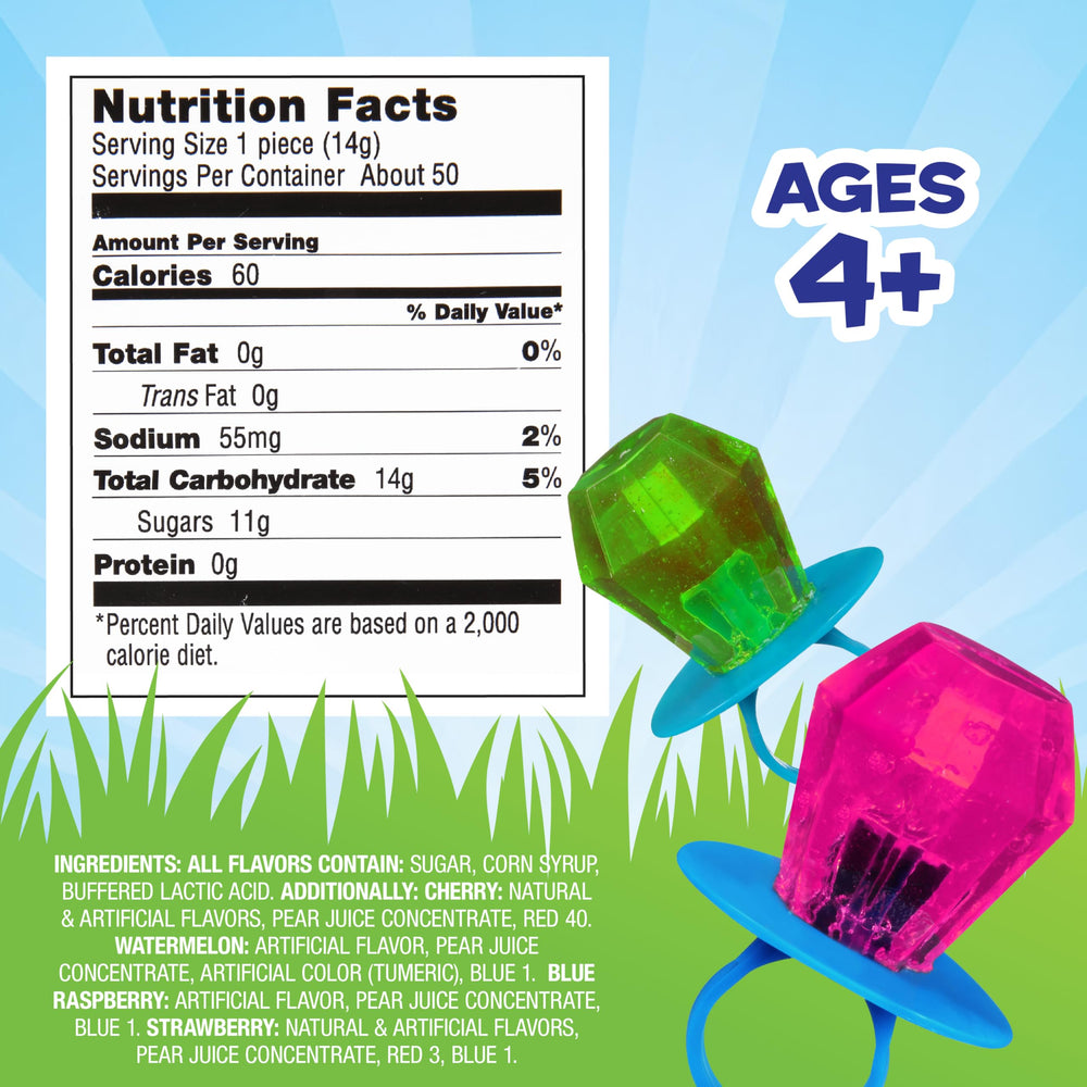 Ring Pop variety bag opened, highlighting 50 individually wrapped lollipops for party favors