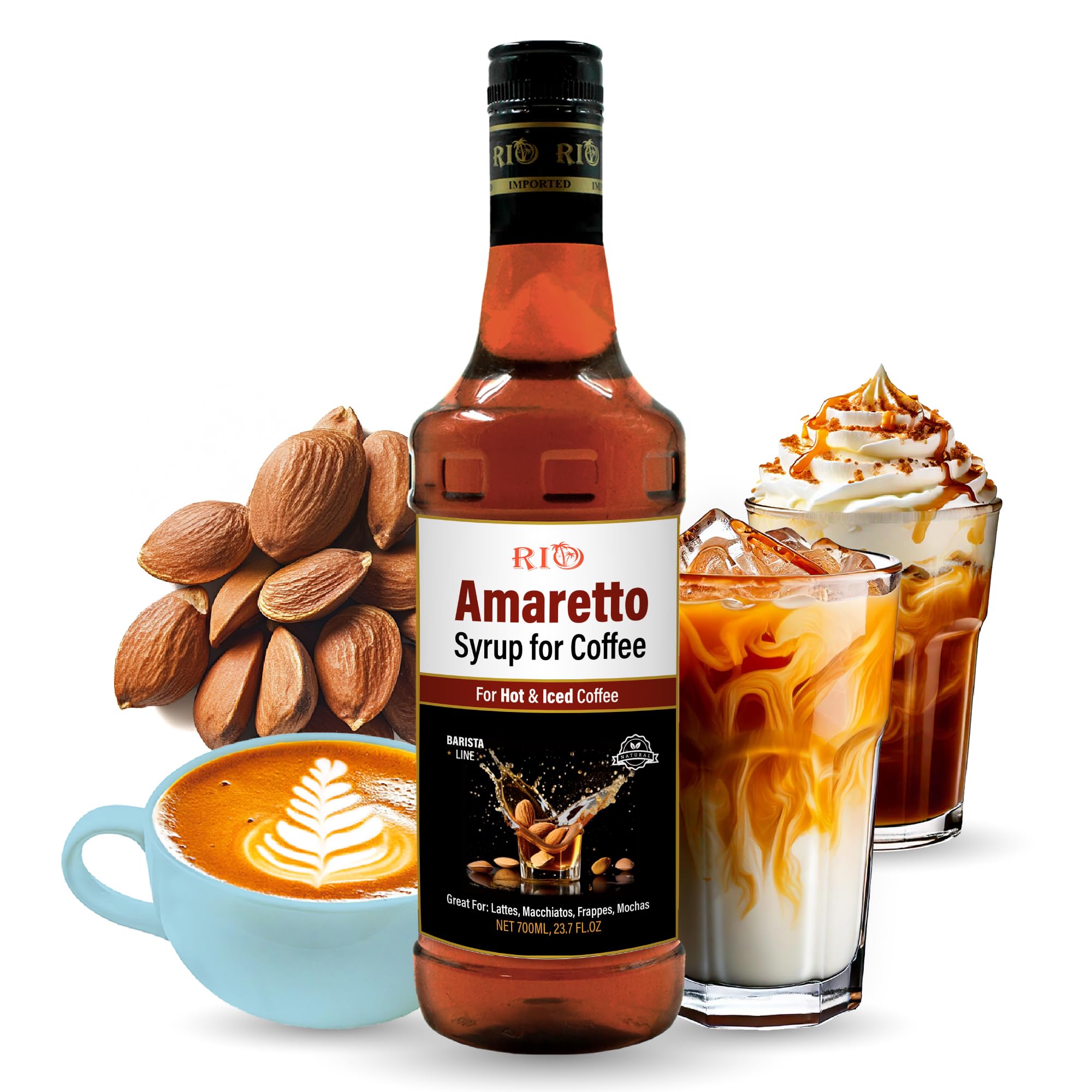 RIO Amaretto Coffee Syrup bottle showcases nutty aroma for home coffee crafting.