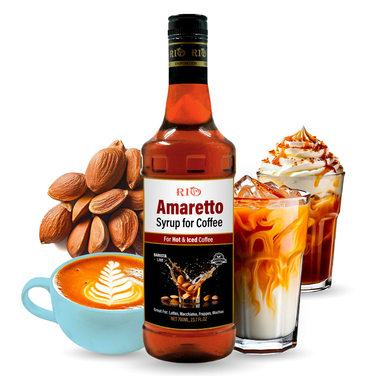 RIO Amaretto Coffee Syrup bottle showcases nutty aroma for home coffee crafting.