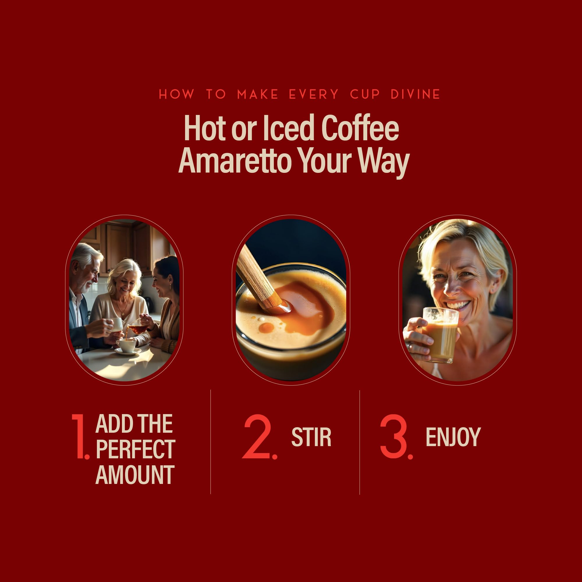 RIO Amaretto Syrup in a mug suggests versatile coffee enhancement at home.