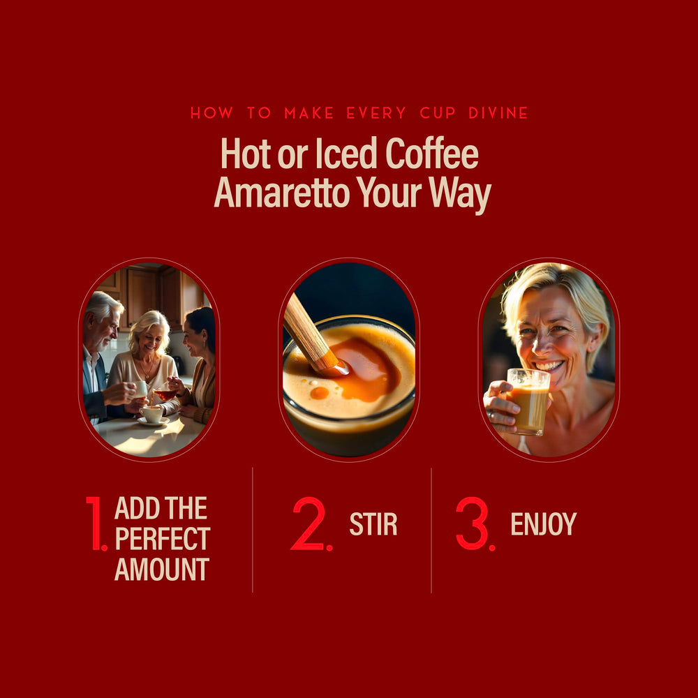 RIO Amaretto Syrup in a mug suggests versatile coffee enhancement at home.