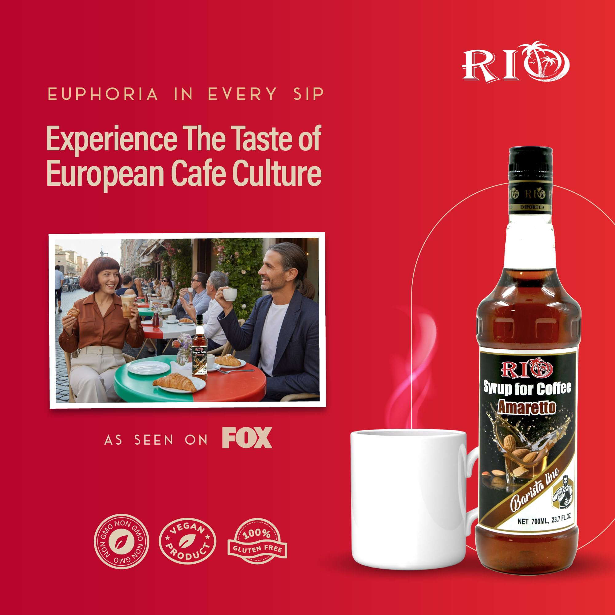 RIO Amaretto Syrup being poured to enrich iced beverages and desserts.
