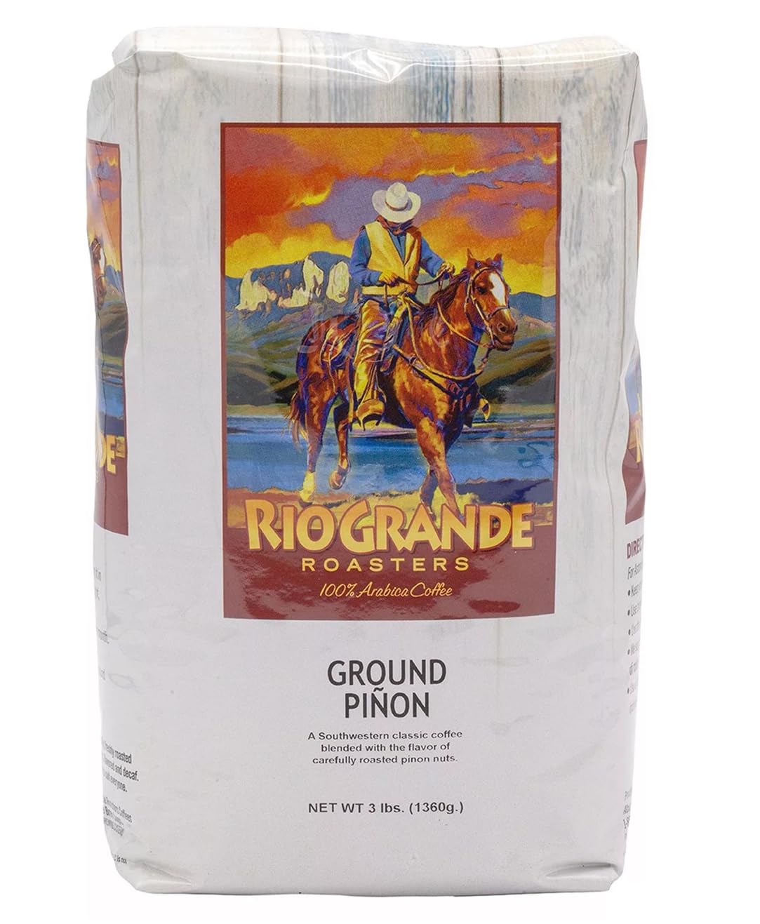 Rio Grande Roasters Pinon ground coffee bag highlighting freshness for a rich morning brew