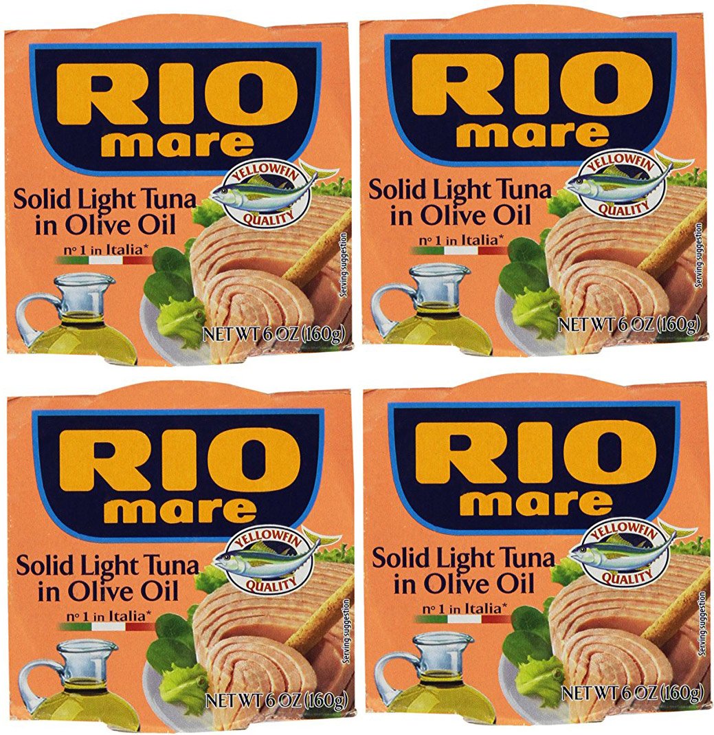 Rio Mare Solid Light Tuna in Olive Oil four-pack of 6-oz cans offers convenient protein for quick meals.