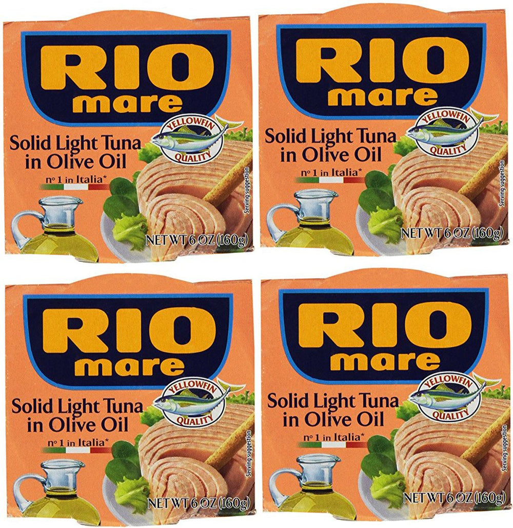 Rio Mare Solid Light Tuna in Olive Oil four-pack of 6-oz cans offers convenient protein for quick meals.
