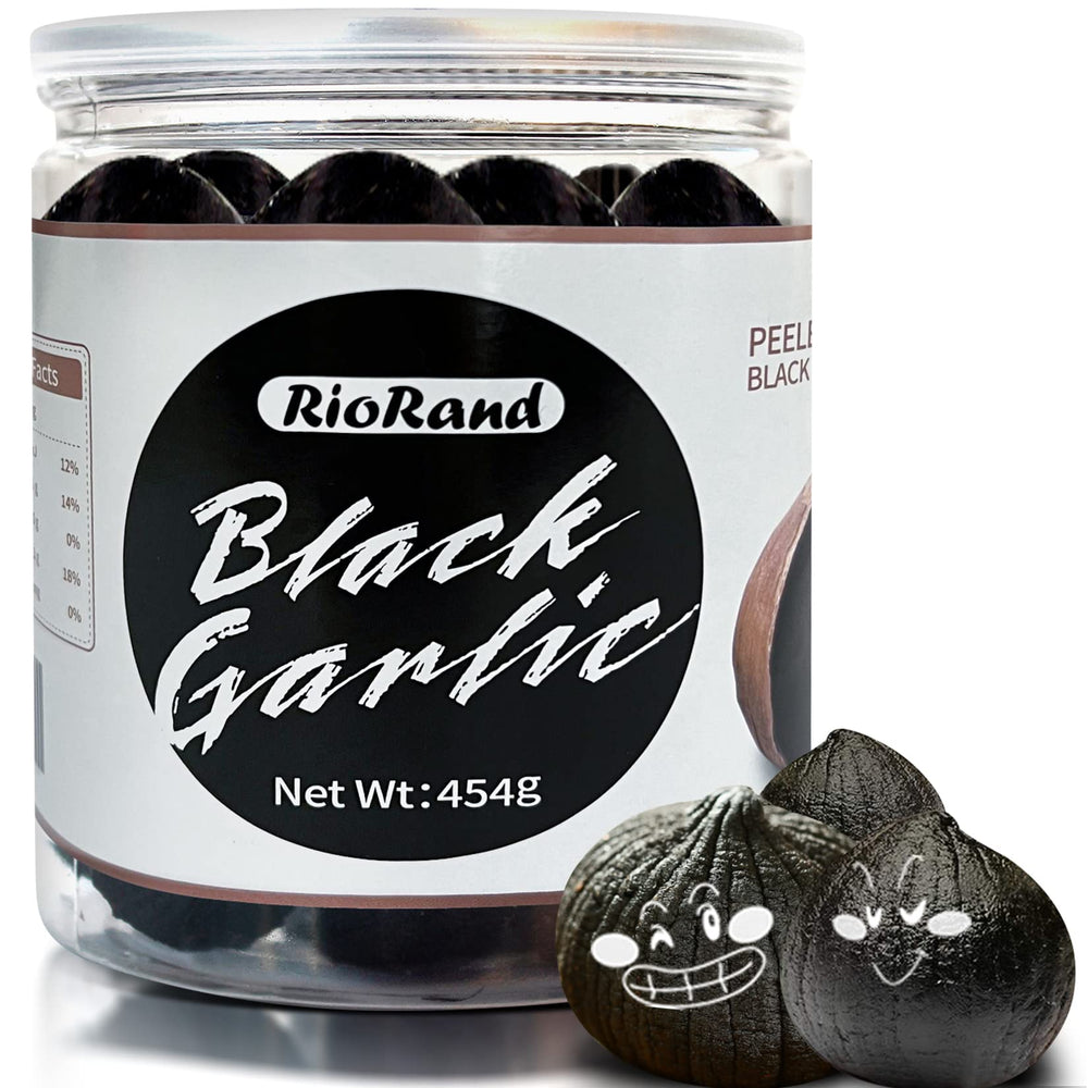 RioRand black garlic 454g jar front view shows ready-to-use cloves.