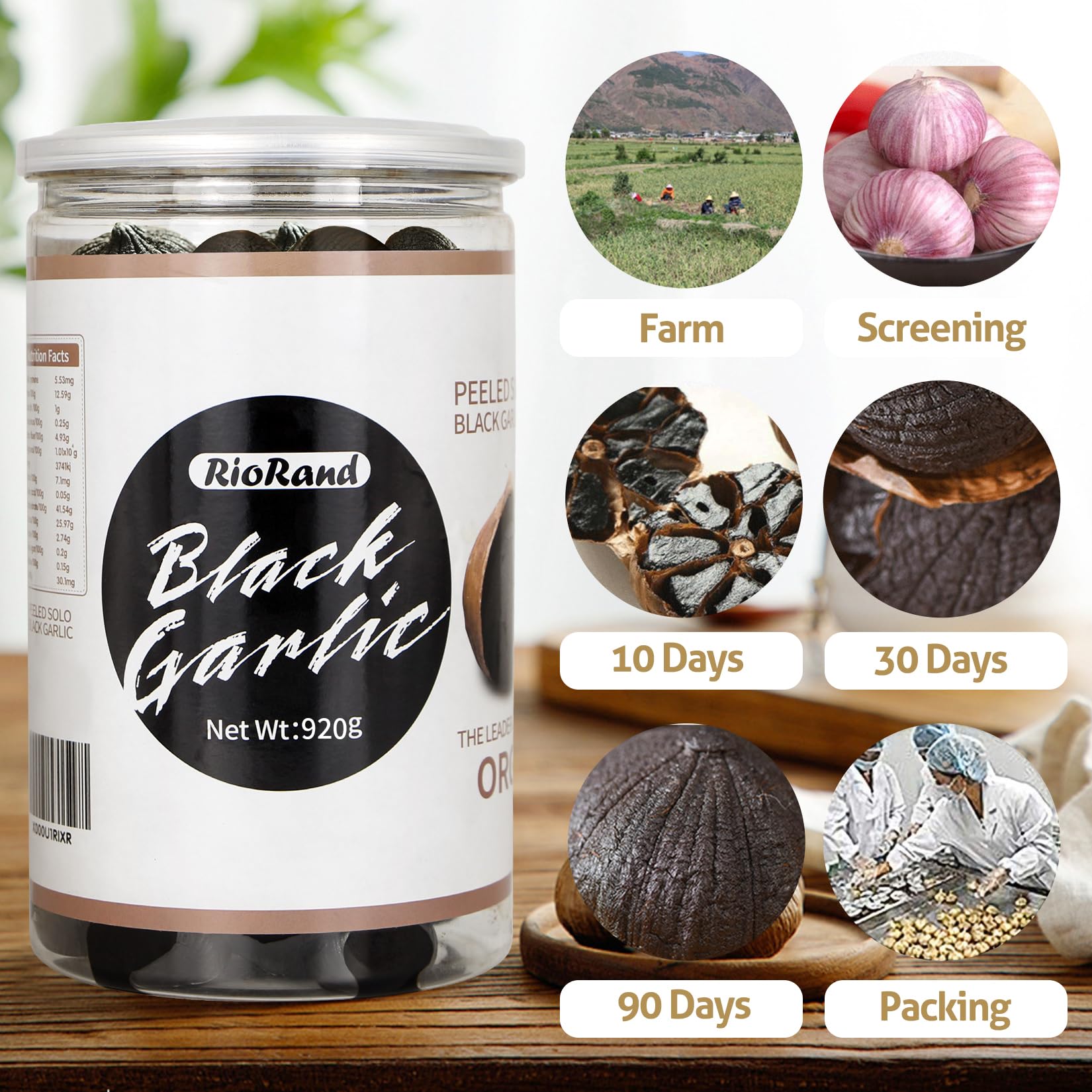 RioRand Black Garlic 920g jar back label shows no preservatives.