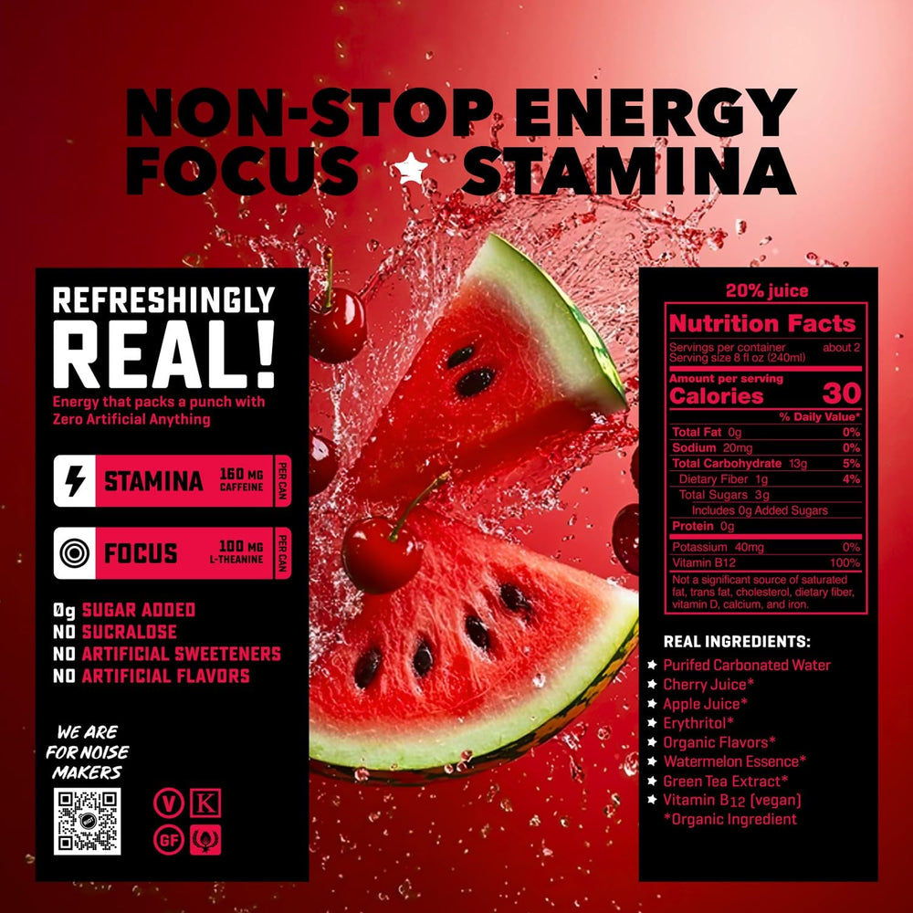 RIOT Energy cherry watermelon can label close-up highlighting real fruit flavor.