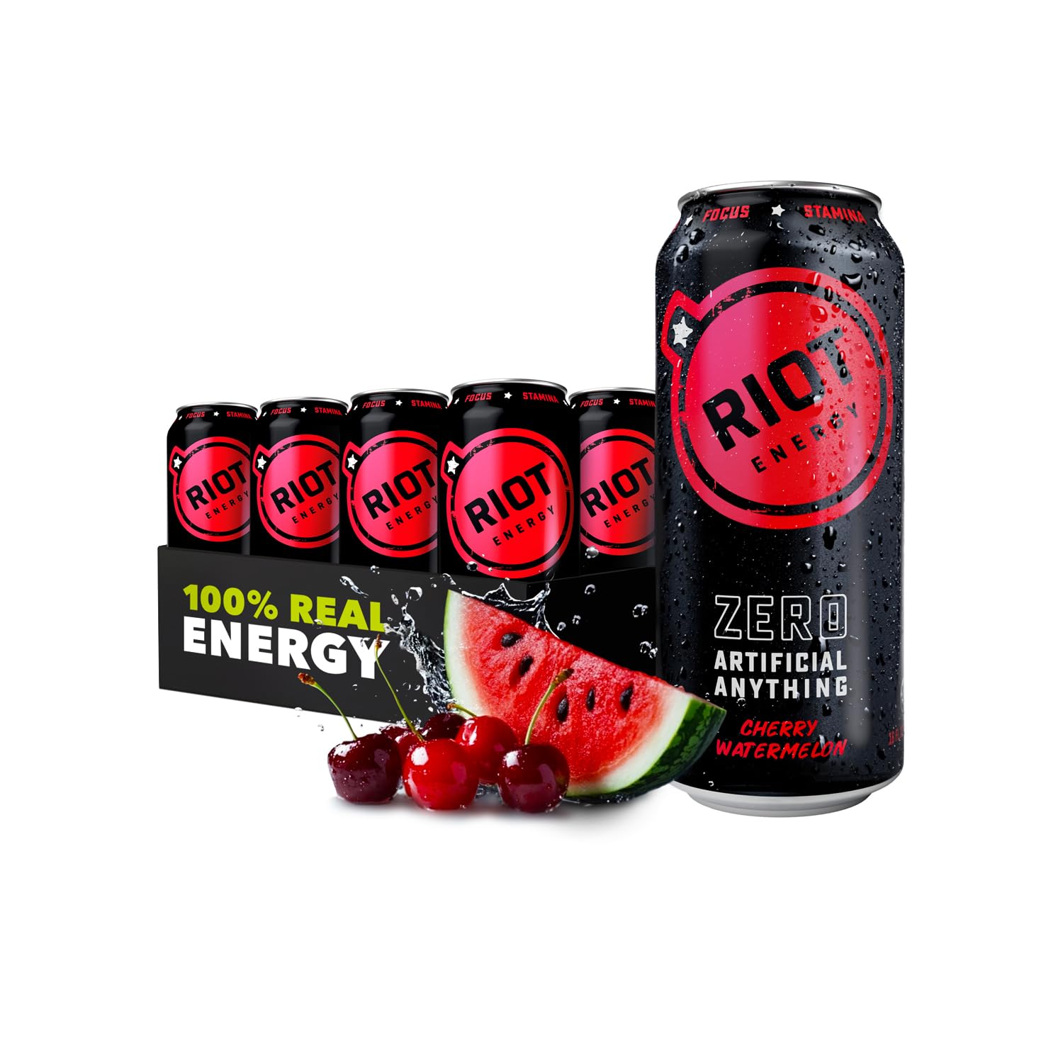 RIOT Energy cherry watermelon can front view for clean, focused energy.
