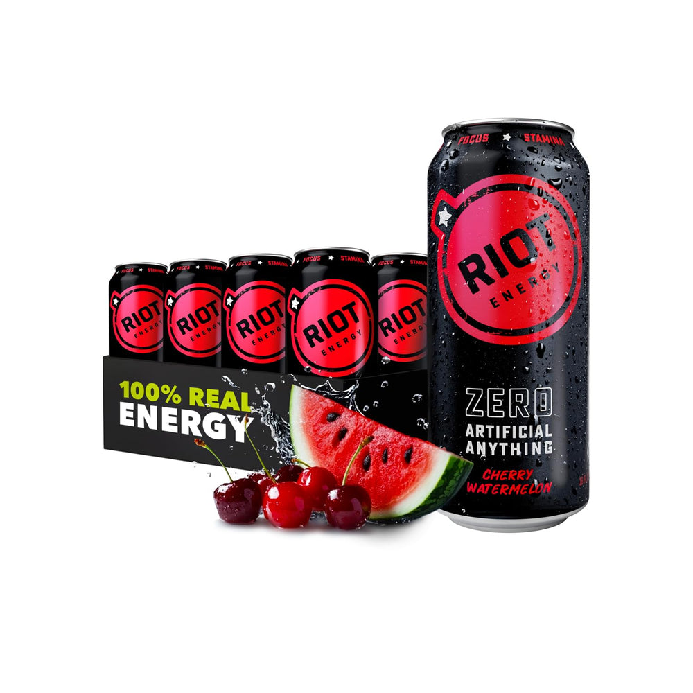 RIOT Energy cherry watermelon can front view for clean, focused energy.