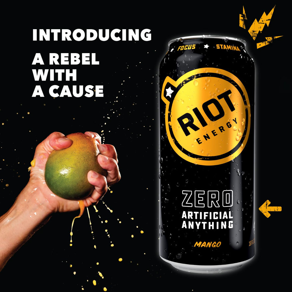 RIOT Energy Mango bottle stand presents a zero artificial energy option for busy days.