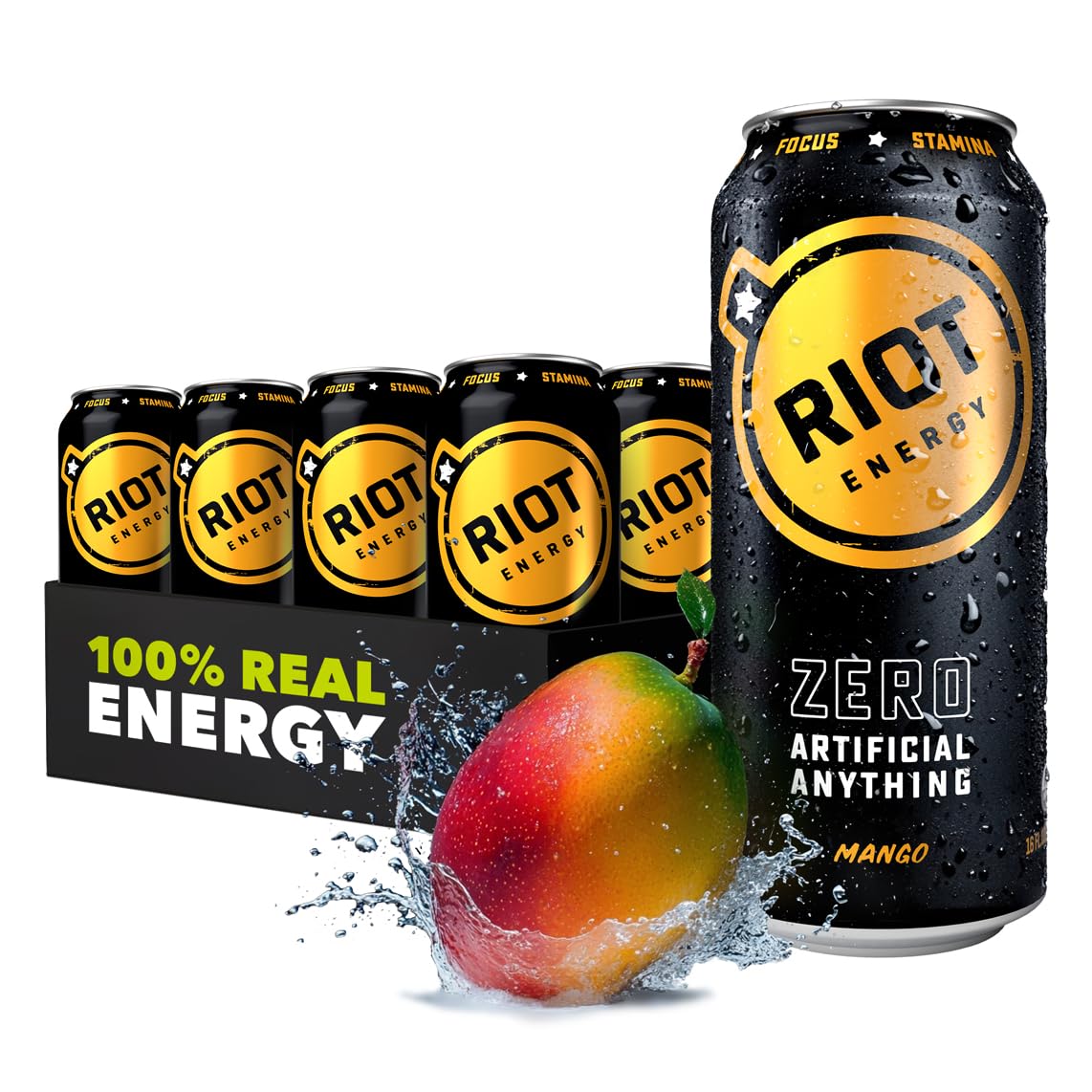 RIOT Energy Mango can closeup showcases clean energy from real fruit flavor.