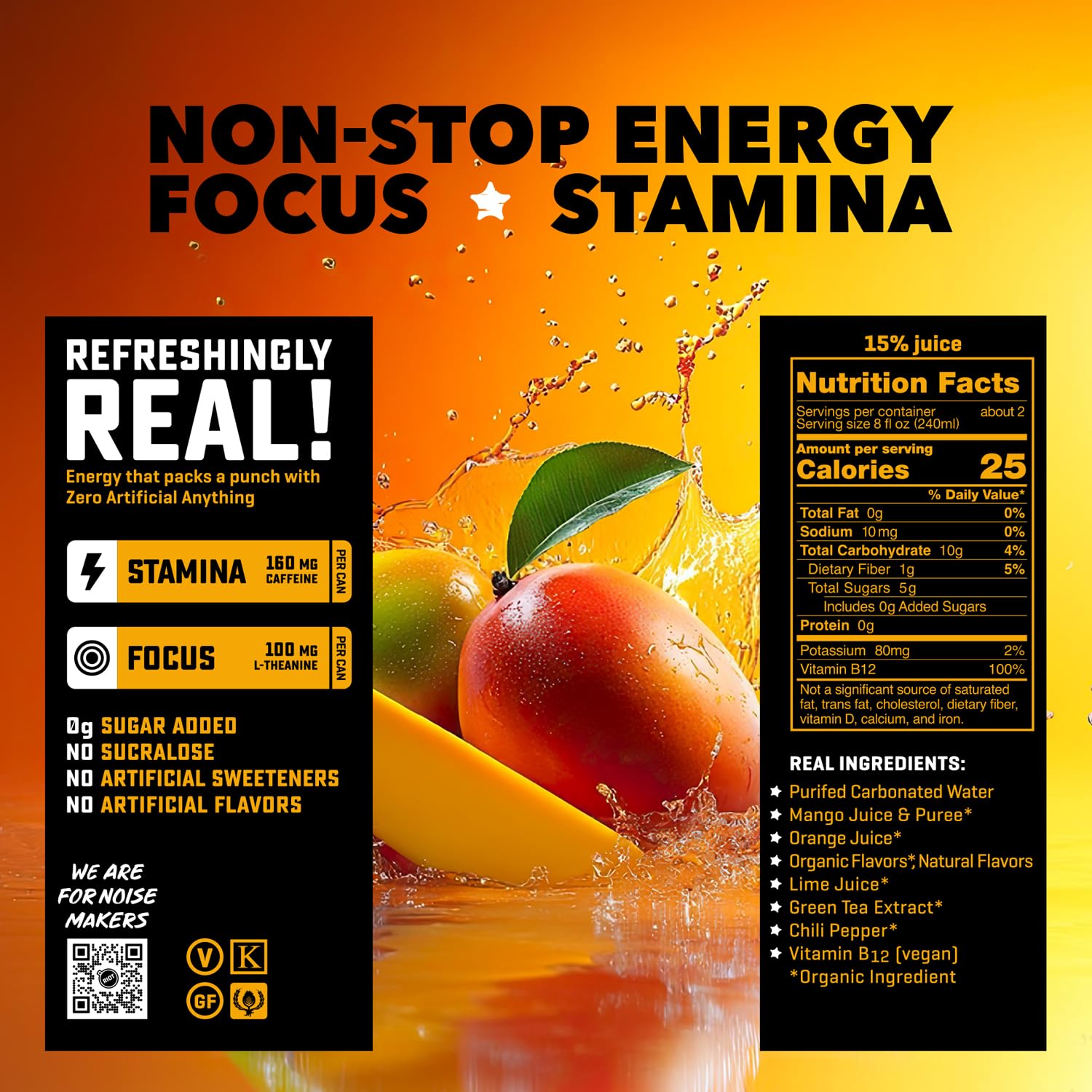RIOT Energy Mango can pour conveys smooth, tropical energy for workouts or study.