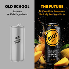 RIOT Energy Mango ingredients closeup highlights green tea extract and elderberry benefits.